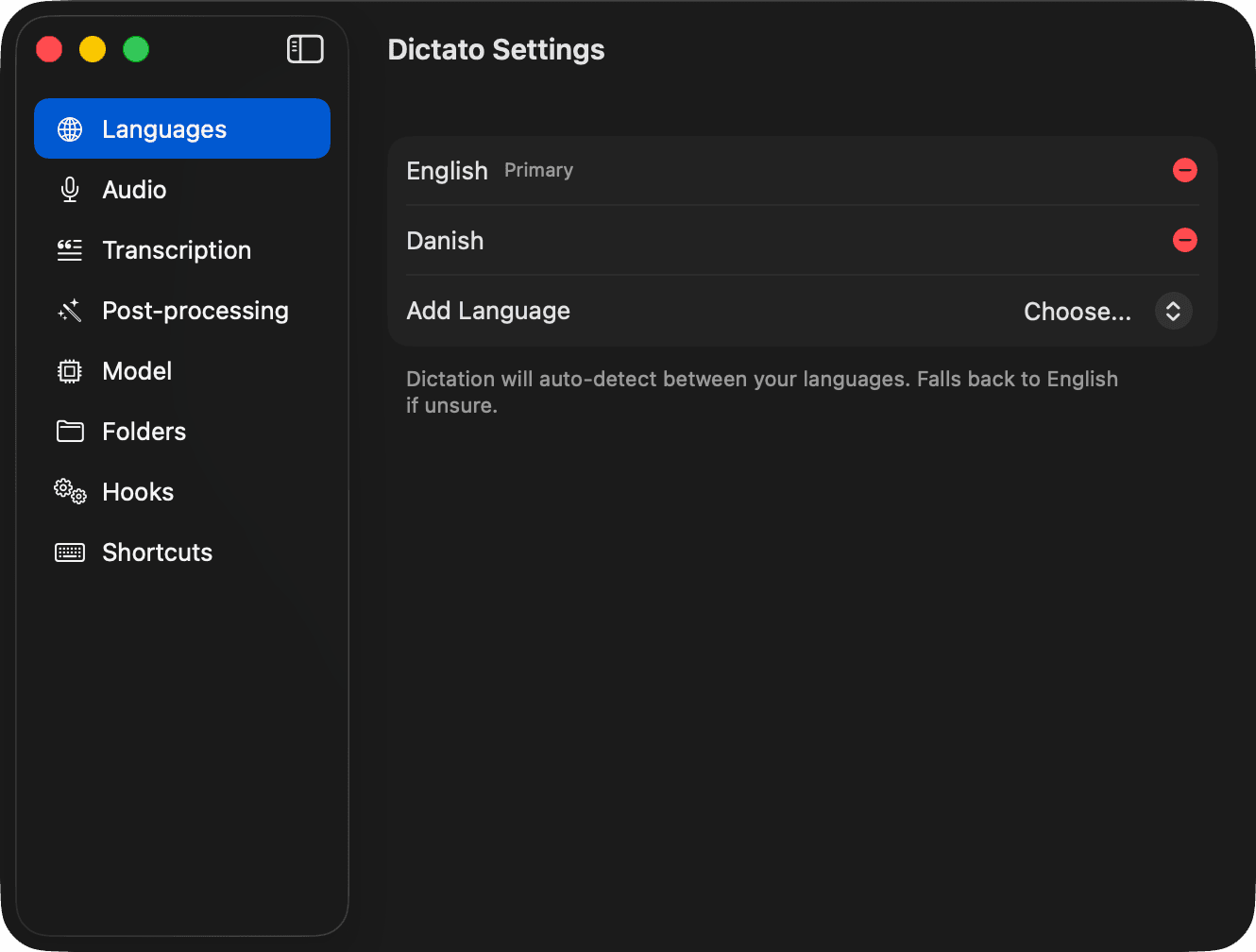 Languages settings