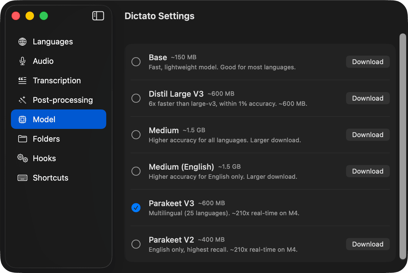 Model settings