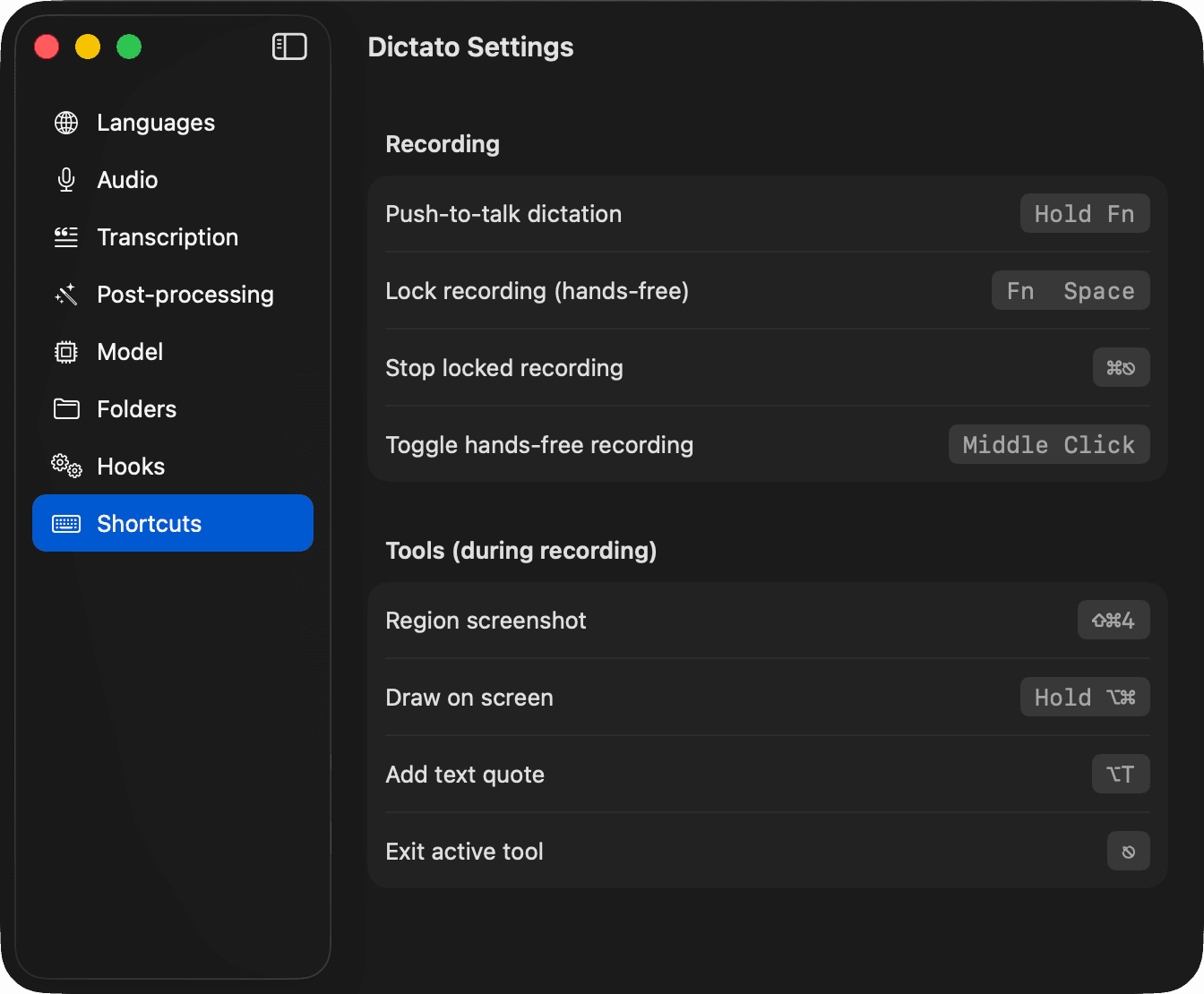 Shortcuts settings in Dictato