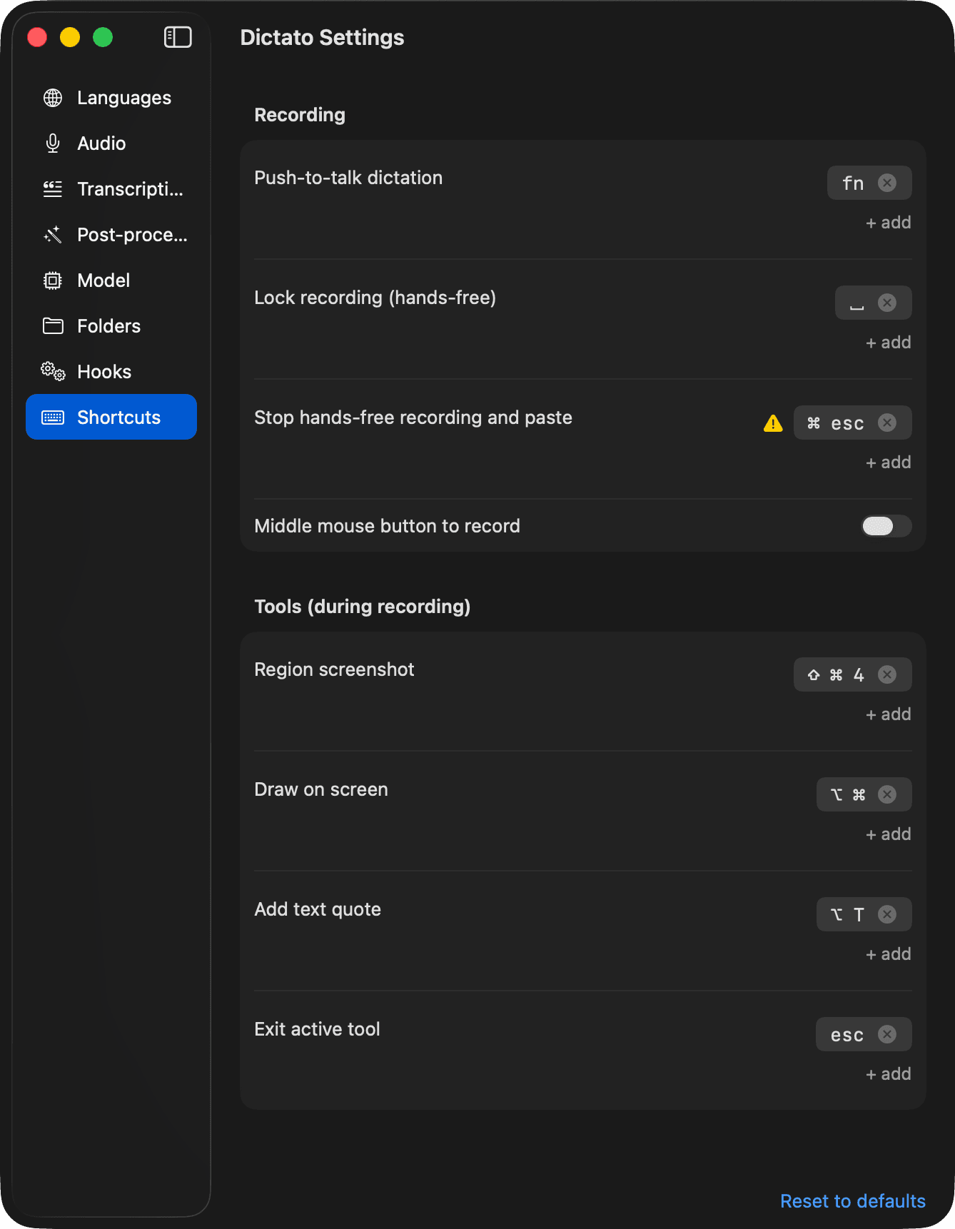 Shortcuts settings