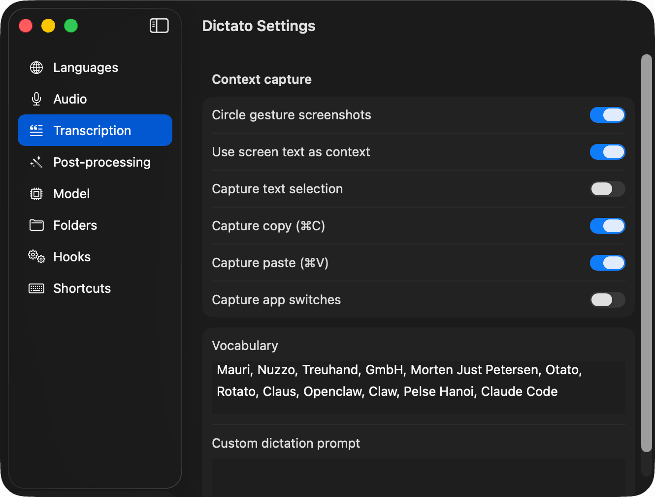 Context capture settings